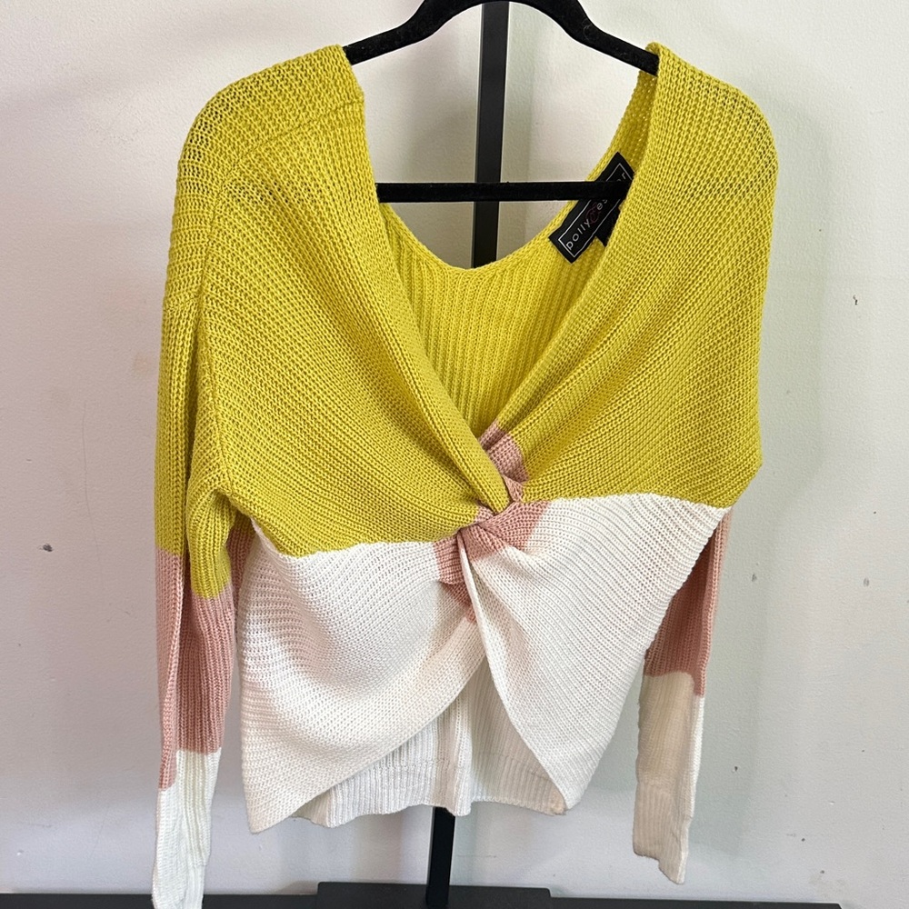 V-Neck Sweater in Yellow, Pink, and White color blocked